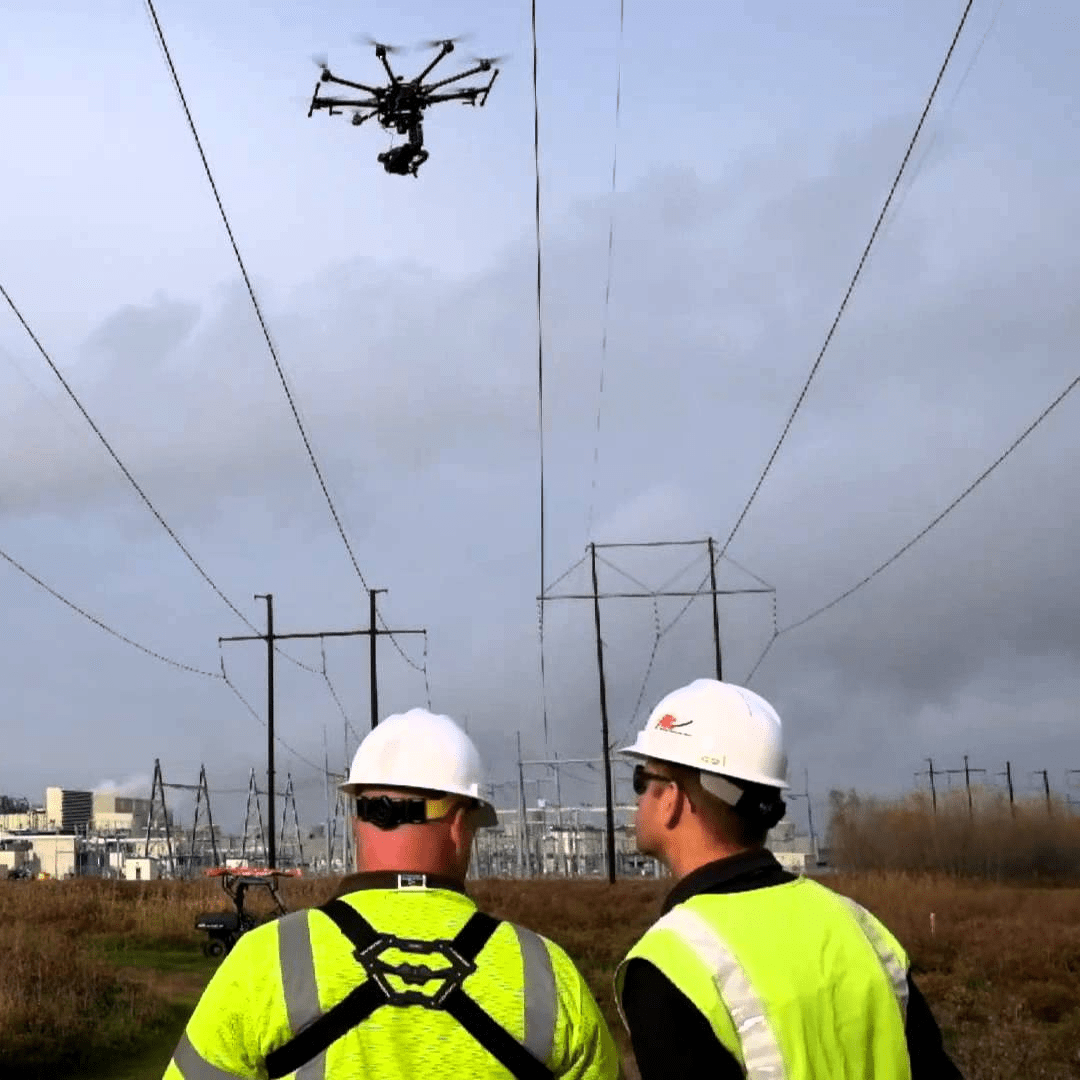 The image shows various data collected by a drone during a power line inspection in a 3D environment